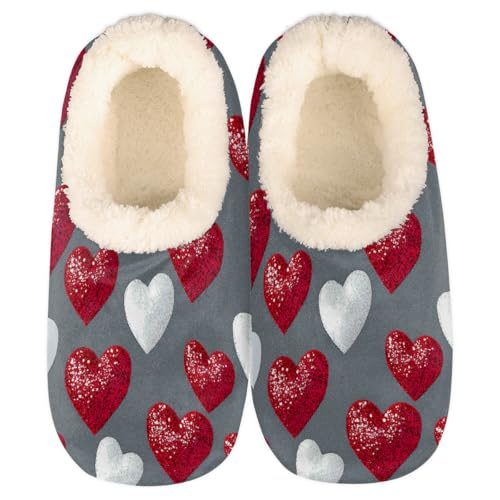 Mexpekil Damen Herren Hausschuhe mit Flauschigem Kragen Winter Warme Hausschuhe Anti-Rutsch Indoor Haus Schuhe Geschenke für Mama Papa (Mehrere Größen EU 37-46), Glitzernde rot-weiße Herzen, 36/37 EU von Mexpekil