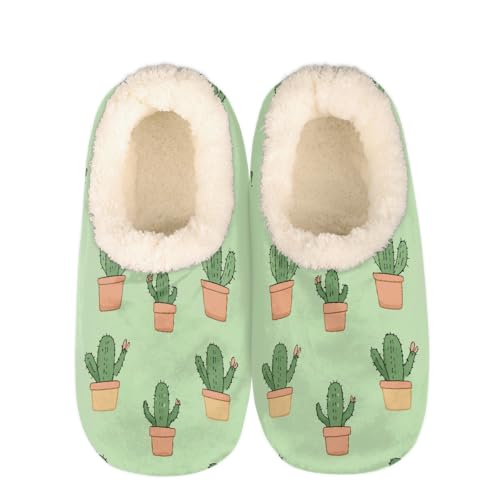 Mexpekil Damen Herren Hausschuhe mit Flauschigem Kragen Winter Warme Hausschuhe Anti-Rutsch Indoor Haus Schuhe Geschenke für Mama Papa (Mehrere Größen EU 37-46), Niedlicher Cartoon-Kaktus, grün, 44/45 von Mexpekil