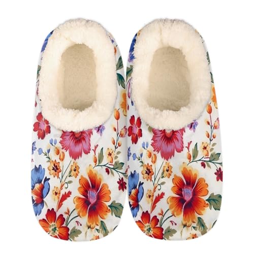 Mexpekil Damen Herren Hausschuhe mit Flauschigem Kragen Winter Warme Hausschuhe Anti-Rutsch Indoor Haus Schuhe Geschenke für Mama Papa (Mehrere Größen EU 37-46), Rot-blaue Blumen, 38/39 EU von Mexpekil