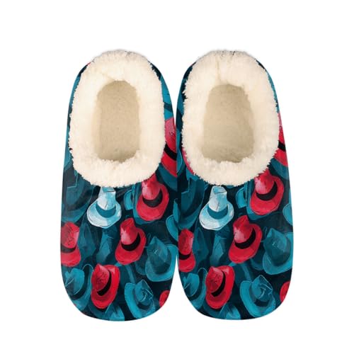 Mexpekil Damen Herren Hausschuhe mit Flauschigem Kragen Winter Warme Hausschuhe Anti-Rutsch Indoor Haus Schuhe Geschenke für Mama Papa (Mehrere Größen EU 37-46), Rot-blaue Mützen, 40/41 EU von Mexpekil