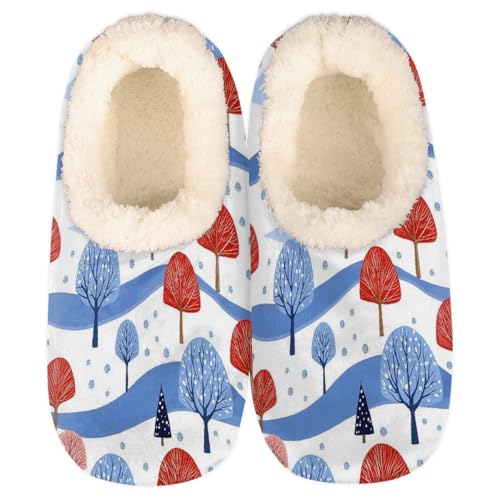 Mexpekil Damen Herren Hausschuhe mit Flauschigem Kragen Winter Warme Hausschuhe Anti-Rutsch Indoor Haus Schuhe Geschenke für Mama Papa (Mehrere Größen EU 37-46), Rot-blauer Baum-Cartoon, 38/39 EU von Mexpekil