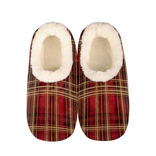 Mexpekil Damen Herren Hausschuhe mit Flauschigem Kragen Winter Warme Hausschuhe Anti-Rutsch Indoor Haus Schuhe Geschenke für Mama Papa (Mehrere Größen EU 37-46), Rot-gelbes Büffelkaro, 36/37 EU von Mexpekil