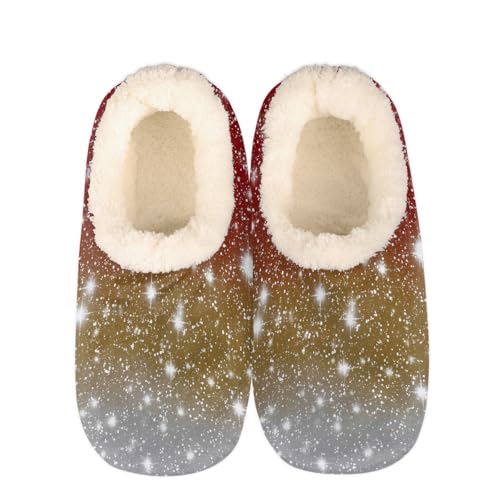 Mexpekil Damen Herren Hausschuhe mit Flauschigem Kragen Winter Warme Hausschuhe Anti-Rutsch Indoor Haus Schuhe Geschenke für Mama Papa (Mehrere Größen EU 37-46), Rot-goldene Glitzersterne, 40/41 EU von Mexpekil