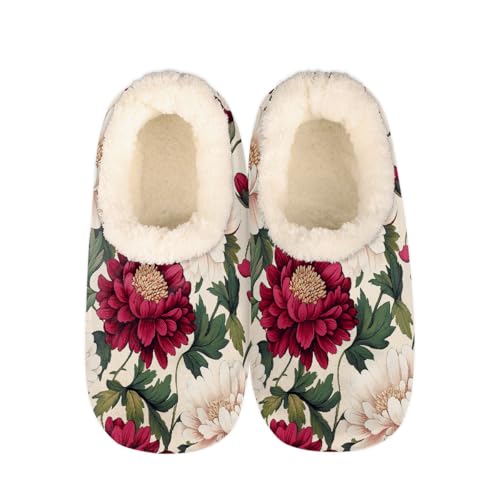 Mexpekil Damen Herren Hausschuhe mit Flauschigem Kragen Winter Warme Hausschuhe Anti-Rutsch Indoor Haus Schuhe Geschenke für Mama Papa (Mehrere Größen EU 37-46), Rot-weiße große Blumen, 40/41 EU von Mexpekil