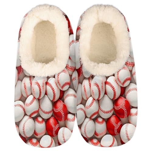 Mexpekil Damen Herren Hausschuhe mit Flauschigem Kragen Winter Warme Hausschuhe Anti-Rutsch Indoor Haus Schuhe Geschenke für Mama Papa (Mehrere Größen EU 37-46), Rot-weißer Baseball, 40/41 EU von Mexpekil