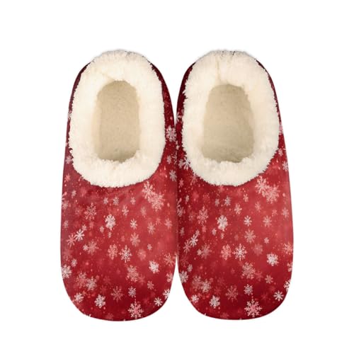 Mexpekil Damen Herren Hausschuhe mit Flauschigem Kragen Winter Warme Hausschuhe Anti-Rutsch Indoor Haus Schuhe Geschenke für Mama Papa (Mehrere Größen EU 37-46), Schneeflocke rot, 36/37 EU von Mexpekil