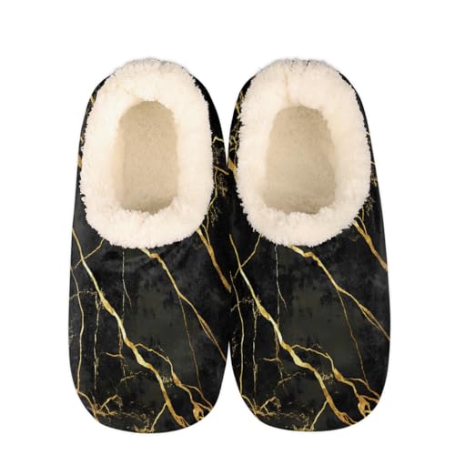 Mexpekil Damen Herren Hausschuhe mit Flauschigem Kragen Winter Warme Hausschuhe Anti-Rutsch Indoor Haus Schuhe Geschenke für Mama Papa (Mehrere Größen EU 37-46), Schwarz-goldene Marmor-Textur, 40/41 von Mexpekil