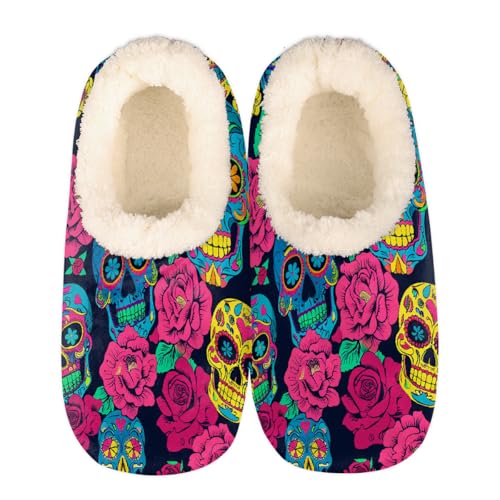 Mexpekil Damen Herren Hausschuhe mit Flauschigem Kragen Winter Warme Hausschuhe Anti-Rutsch Indoor Haus Schuhe Geschenke für Mama Papa (Mehrere Größen EU 37-46), Smile Skulls Red Roses, 44/45 EU von Mexpekil