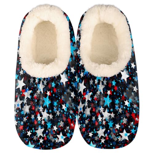Mexpekil Damen Herren Hausschuhe mit Flauschigem Kragen Winter Warme Hausschuhe Anti-Rutsch Indoor Haus Schuhe Geschenke für Mama Papa (Mehrere Größen EU 37-46), Sterne, Blau, Rot, 36/37 EU von Mexpekil