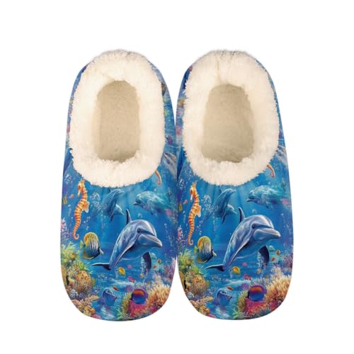 Mexpekil Damen Herren Hausschuhe mit Flauschigem Kragen Winter Warme Hausschuhe Anti-Rutsch Indoor Haus Schuhe Geschenke für Mama Papa (Mehrere Größen EU 37-46), Underwater Delphins Seepferdchen, 40 von Mexpekil