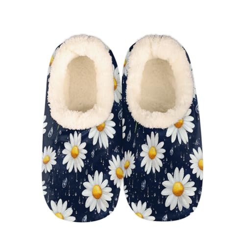 Mexpekil Damen Herren Hausschuhe mit Flauschigem Kragen Winter Warme Hausschuhe Anti-Rutsch Indoor Haus Schuhe Geschenke für Mama Papa (Mehrere Größen EU 37-46), Weiße Gänseblümchen, 40/41 EU von Mexpekil