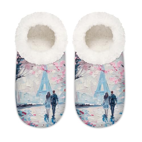 Mexpekil Eiffelturm Kirschblüten Damen Hausschuhe Fuzzy House Slipper rutschfeste Schuhe für Damen Herren Damen, Eiffelturm Kirschblüte, Large von Mexpekil