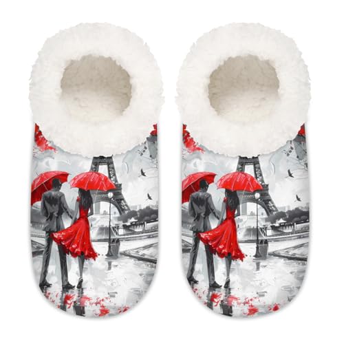 Mexpekil Eiffelturm rote Pflaumenblüte Damen-Hausschuhe, flauschige Hausschuhe, rutschfeste Schuhe für Damen, Herren, Eiffelturm Red Plum Blossom, Large X-Large von Mexpekil