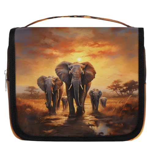 Mexpekil Elephant Families On Sunset Scence Kulturbeutel für Damen Herren Damen, wasserdichte hängende Reise-Kulturbeutel mit Haken, Kosmetik-Make-up-Tasche Organizer von Mexpekil
