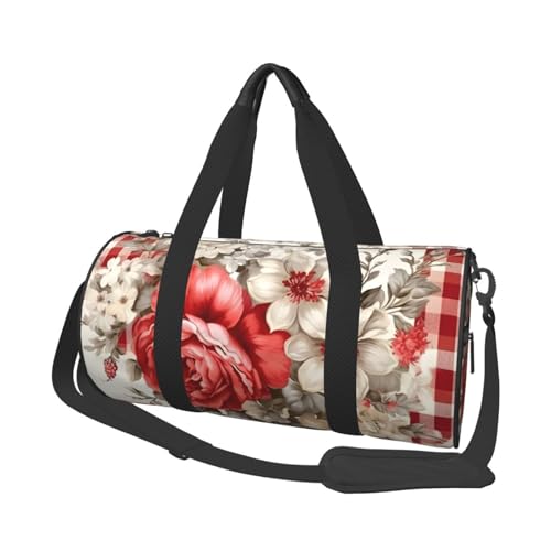 Mexpekil Faltbare Sporttasche, Handgepäck, Reisetasche, wasserdicht, für Damen und Herren, großes Wochenende, Übernachtungstasche für Sport, Tanzen, Rote karierte Blumen, Einheitsgröße von Mexpekil