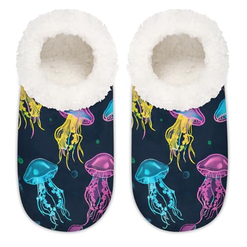 Mexpekil Farbige Ozean-Slipper für Damen, Quallen, flauschige Hausschuhe, rutschfeste Schuhe für Damen, Herren, Farbige Meeresquallen, Medium Breit von Mexpekil