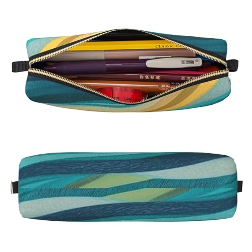 Mexpekil Federmäppchen aus Leder für Mädchen und Jungen, kleine Stift-Organizer-Tasche, Reißverschluss, schmal, Mehrzweck-Tasche für Schulbedarf, Kinder und Erwachsene, Abstrakte blaugrüne Wellen von Mexpekil