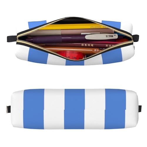 Mexpekil Federmäppchen aus Leder für Mädchen und Jungen, kleine Stift-Organizer-Tasche, Reißverschluss, schmal, Mehrzweck-Tasche für Schulbedarf, Kinder und Erwachsene, Blau / Weiß gestreift von Mexpekil
