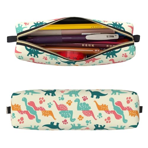 Mexpekil Federmäppchen aus Leder für Mädchen und Jungen, kleine Stift-Organizer-Tasche, Reißverschluss, schmal, Mehrzweck-Tasche für Schulbedarf, Kinder und Erwachsene, Bunte Dinosaurier-Fußabdruck von Mexpekil