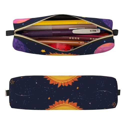 Mexpekil Federmäppchen aus Leder für Mädchen und Jungen, kleine Stift-Organizer-Tasche, Reißverschluss, schmal, Mehrzweck-Tasche für Schulbedarf, Kinder und Erwachsene, Cartoon Planeten Sonne von Mexpekil