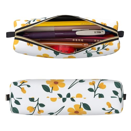 Mexpekil Federmäppchen aus Leder für Mädchen und Jungen, kleine Stift-Organizer-Tasche, Reißverschluss, schmal, Mehrzweck-Tasche für Schulbedarf, Kinder und Erwachsene, Gelbes kleines Blumenmuster von Mexpekil