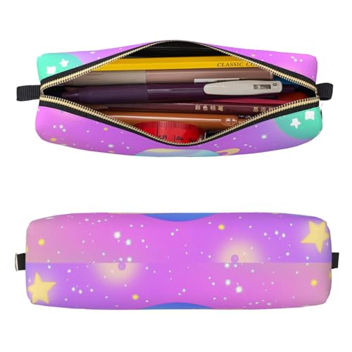 Mexpekil Federmäppchen aus Leder für Mädchen und Jungen, kleine Stift-Organizer-Tasche, Reißverschluss, schmal, Mehrzweck-Tasche für Schulbedarf, Kinder und Erwachsene, Stars Planets Stars Pink von Mexpekil