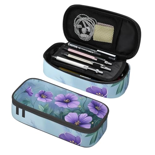 Mexpekil Federmäppchen für Mädchen und Jungen, mit Fächern, große Stift-Organizer-Tasche, Reißverschluss, Mehrzweck-Tasche für Schulbedarf, Make-up, Kosmetik, Kinder, Erwachsene, Violett-grüne Blüten von Mexpekil