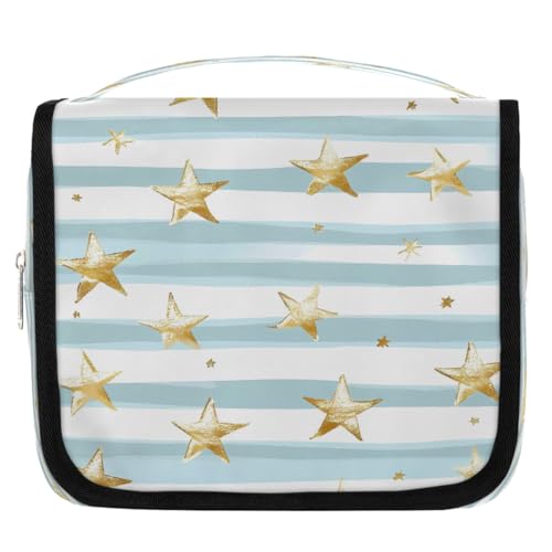 Mexpekil Golden Stars Kulturbeutel mit hellblauen Streifen, für Damen, Herren, Damen, wasserdichte hängende Reise-Kulturbeutel mit Haken, Kosmetik-Make-up-Tasche Organizer von Mexpekil