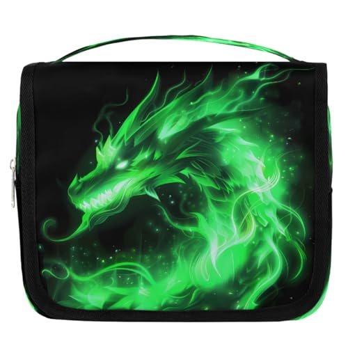 Mexpekil Green Firey Kulturbeutel mit Tierdrachen, für Damen, Herren, Damen, wasserdicht, hängend, Reise-Kulturbeutel mit Haken, Kosmetik-Make-up-Tasche Organizer von Mexpekil