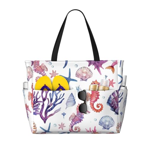 Mexpekil Große Strandtasche Lila Koralle Seepferdchen Strandtasche Tragetasche mit Reißverschluss Wasserdicht Strandtasche Sommer Strandtaschen für Frauen Urlaub Strand Essentials, Schwarz , von Mexpekil