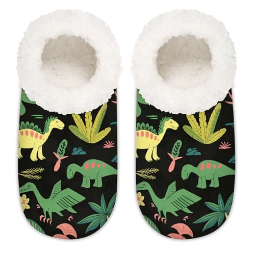 Mexpekil Grüne tropische Dinosaurier-Damen-Hausschuhe, flauschige Hausschuhe, rutschfeste Schuhe für Damen, Herren, Grüner tropischer Dinosaurier, XX-Large Breit von Mexpekil