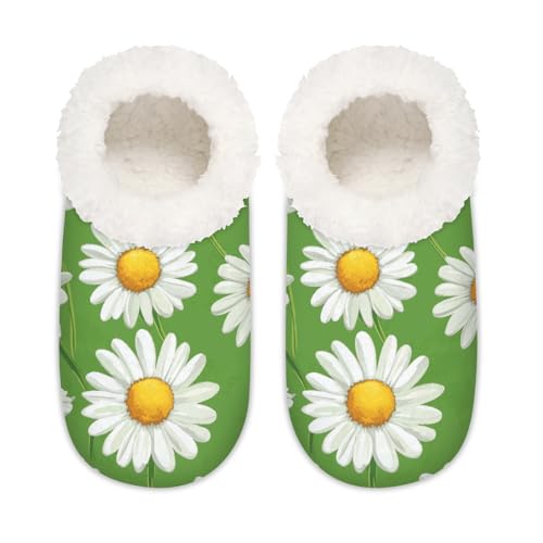 Mexpekil Grüne weiße Gänseblümchen-Blumen-Hausschuhe, flauschige Hausschuhe, rutschfeste Schuhe für Damen, Herren, Grün-weiße Gänseblümchen-Blumen, Large X-Large von Mexpekil