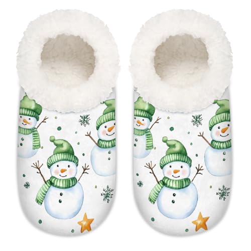 Mexpekil Grüner Weihnachtsbaum Schneemann Damen Hausschuhe Fuzzy House Slipper rutschfeste Schuhe für Damen Herren Damen, Grüner Weihnachtsbaum-Schneemann, XX-Large Breit von Mexpekil