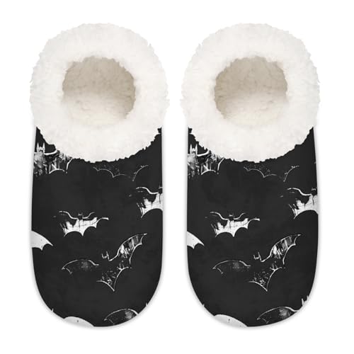 Mexpekil Halloween-Hausschuhe mit Fledermäusen, flauschige Hausschuhe, rutschfeste Schuhe für Damen, Herren und Damen, Halloween-Tierfledermäuse, XX-Large Breit von Mexpekil