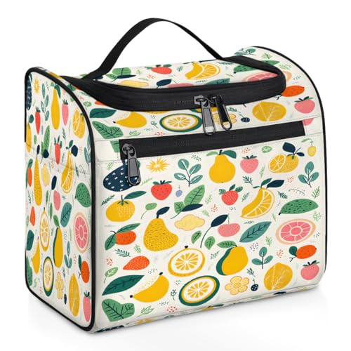 Mexpekil Handgezeichnete orangefarbene Ananas-Erdbeer-Kulturbeutel zum Aufhängen für Damen und Herren, groß, wasserdicht, Make-up-Kosmetiktasche für Reisen, mehrfarbig, 10.2 x 6.5 x 9.2 inches, von Mexpekil