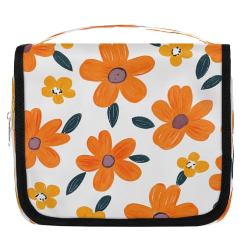 Mexpekil Handgezeichneter Kulturbeutel mit orangefarbener Blume, für Damen, Herren, Damen, wasserdicht, hängende Reise-Kulturbeutel mit Haken, Kosmetik-Make-up-Tasche Organizer von Mexpekil