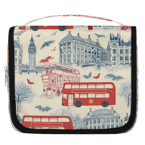 Mexpekil Handgezeichneter Londoner Big Ben Bus Kulturbeutel für Damen Herren Damen, wasserdichte hängende Reise-Kulturbeutel mit Haken, Kosmetik-Make-up-Tasche Organizer von Mexpekil