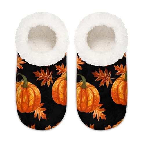 Mexpekil Herbst-Kürbisse, Ahornblätter, Damen-Hausschuhe, flauschige Hausschuhe, rutschfeste Schuhe für Damen, Herren, Herbstkürbisse Ahornblätter, XX-Large Breit von Mexpekil