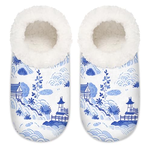 Mexpekil Japanische blaue Tinte Architektur Scence Damen-Hausschuhe, flauschige Hausschuhe, rutschfeste Schuhe für Damen, Herren, Japanische Architekturszene mit blauer Tinte, Large X-Large von Mexpekil