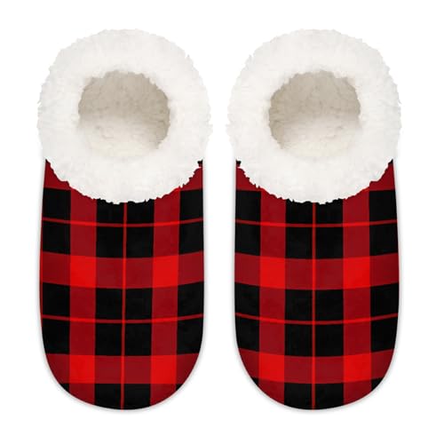 Mexpekil Klassische rote schwarze Damen-Hausschuhe, flauschig, rutschfest, für Damen, Herren, Klassisches Karomuster in Rot und Schwarz, Medium Breit von Mexpekil