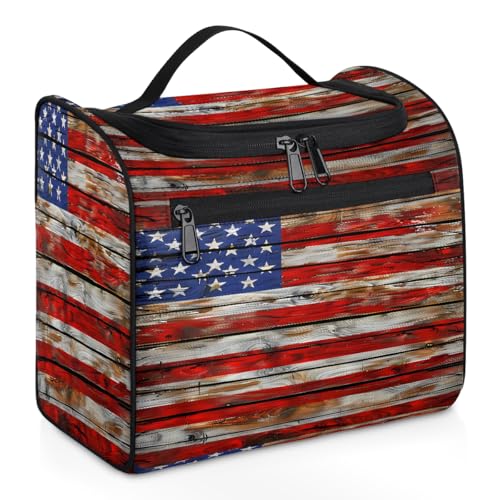 Mexpekil Kulturbeutel aus Holz, Motiv: amerikanische USA-Flagge, zum Aufhängen, für Damen und Herren, groß, wasserdicht, für Make-up, Kosmetik, Kulturbeutel für Reisen, mehrfarbig, 10.2 x 6.5 x 9.2 von Mexpekil
