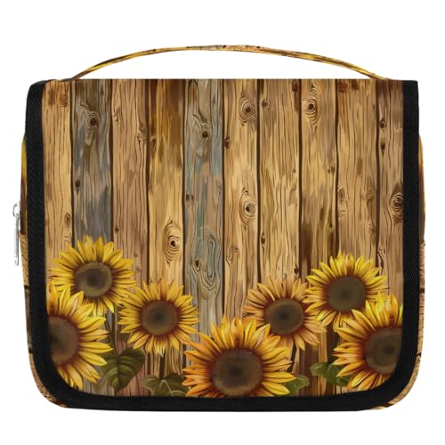 Mexpekil Kulturbeutel aus Holz, Retro-Stil, Sonnenblumen-Design, für Damen, Herren, Damen, wasserdicht, zum Aufhängen, Reise-Kulturbeutel mit Haken, Kosmetiktasche von Mexpekil