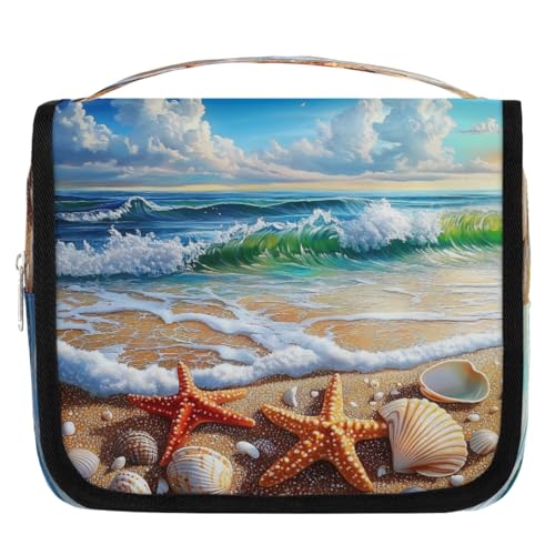Mexpekil Kulturbeutel für Damen, Herren, Damen, Motiv: Ozean, Strand, Seestern, Muschel, wasserdicht, zum Aufhängen, Reise-Kulturbeutel mit Haken, Kosmetik-Make-up-Tasche, Organizer von Mexpekil