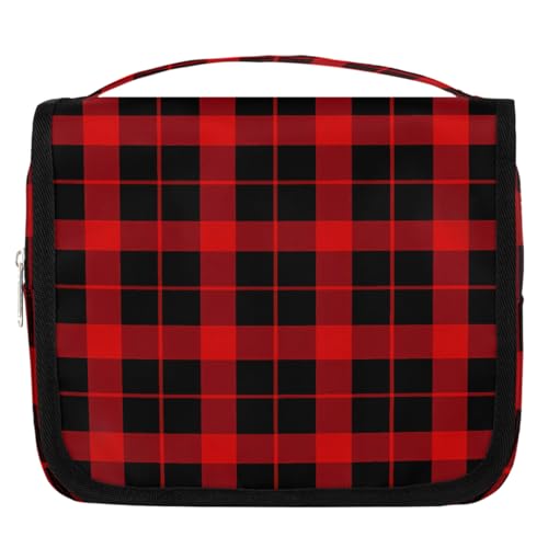 Mexpekil Kulturbeutel für Damen, Herren, Damen, klassisch, rot, schwarz, kariert, wasserdicht, zum Aufhängen, Reise-Kulturbeutel mit Haken, Kosmetiktasche, Make-up-Tasche, Organizer von Mexpekil