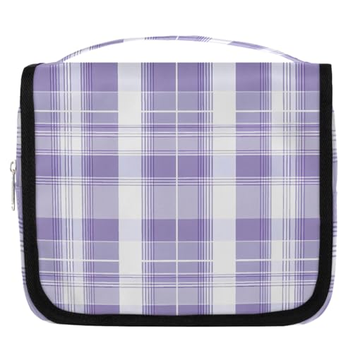Mexpekil Kulturbeutel für Damen, Herren, Damen, wasserdicht, hängend, mit Haken, lila, Lavendel, Weiß, kariert, Kosmetiktasche von Mexpekil