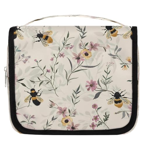Mexpekil Kulturbeutel im Retro-Stil mit Bienen-Blumen-Motiv, für Damen, Herren, Damen, wasserdicht, hängende Reise-Kulturbeutel mit Haken, Kosmetik-Make-up-Tasche Organizer von Mexpekil