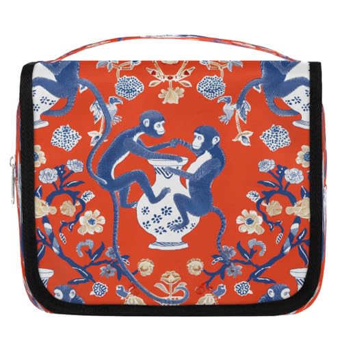 Mexpekil Kulturbeutel im chinesischen Stil, Affen-Blumen, für Damen, Herren, Damen, wasserdicht, hängende Reise-Kulturbeutel mit Haken, Kosmetik-Make-up-Tasche von Mexpekil