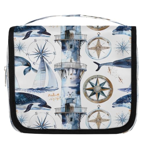 Mexpekil Kulturbeutel mit Aquarell-Kompass, Wale, Leuchtturm, für Damen, Herren, Damen, wasserdicht, zum Aufhängen, Reise-Kulturbeutel mit Haken, Kosmetiktasche von Mexpekil