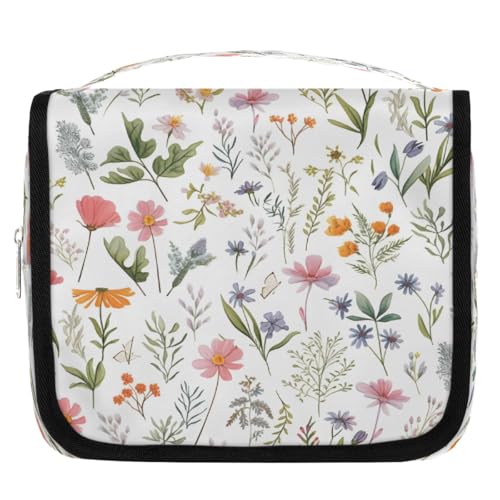 Mexpekil Kulturbeutel mit Frühlingsblumen, Blumen, Blättern, für Damen, Herren, Damen, wasserdicht, hängende Reise-Kulturbeutel mit Haken, Kosmetik-Make-up-Tasche, Organizer von Mexpekil