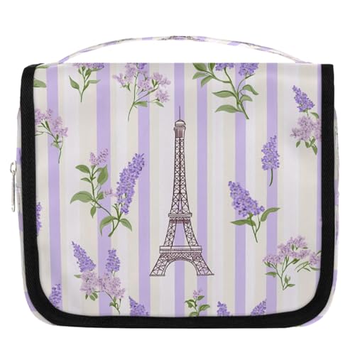 Mexpekil Kulturbeutel mit Lavendelblüten und Streifen, Eiffelturm, für Damen, Herren, Damen, wasserdicht, hängende Reise-Kulturbeutel mit Haken, Kosmetik-Make-up-Tasche Organizer von Mexpekil